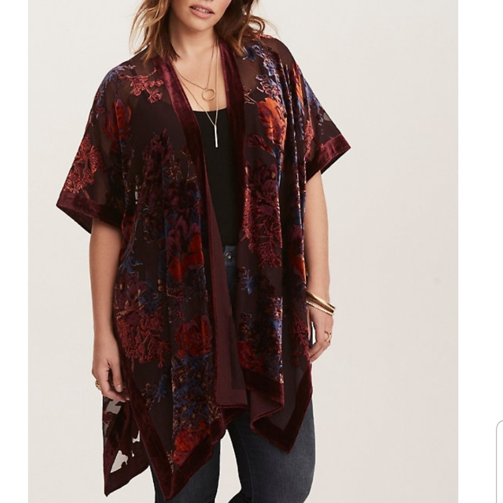 Floral Velvet Print Burnout Kimono